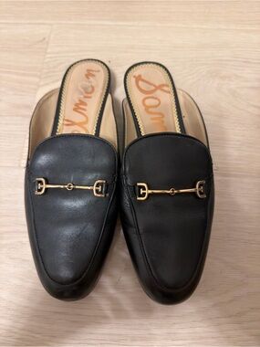 Sam Edelman Black Leather Slip-On Loafers with Gold Bit